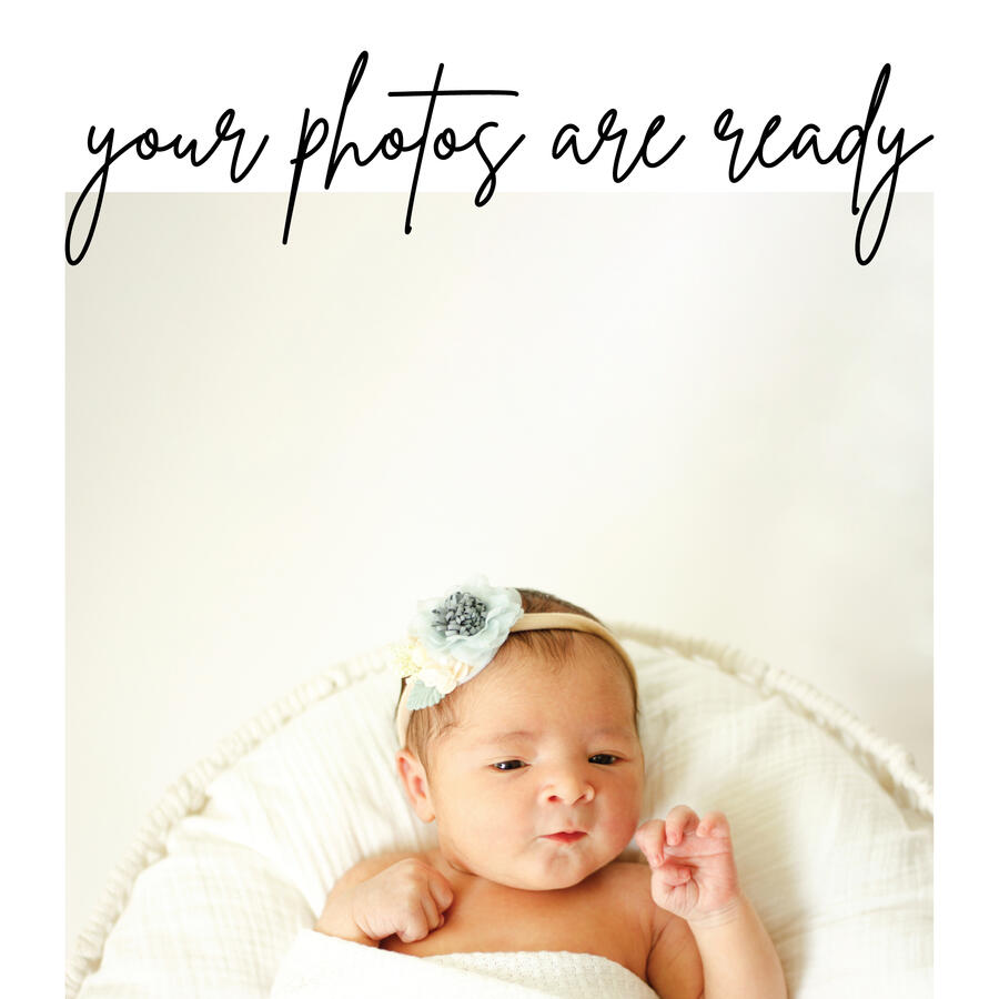 Client work preview image for client photography. Preview shows an email template to share photo album with clients. The album preview is from a newborn photo session.