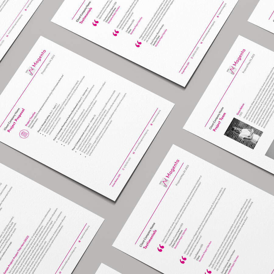 Client work preview image for Magenta. Preview shows many copies of a project proposal laid out against a grey background.