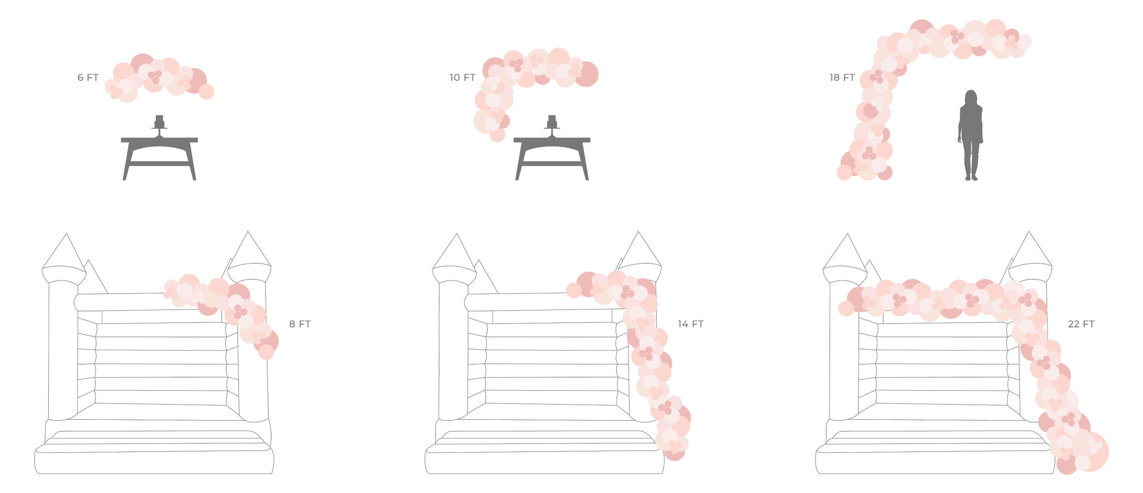 An infographic depicting various lengths of balloon garlands and how they relate to various reference objects.