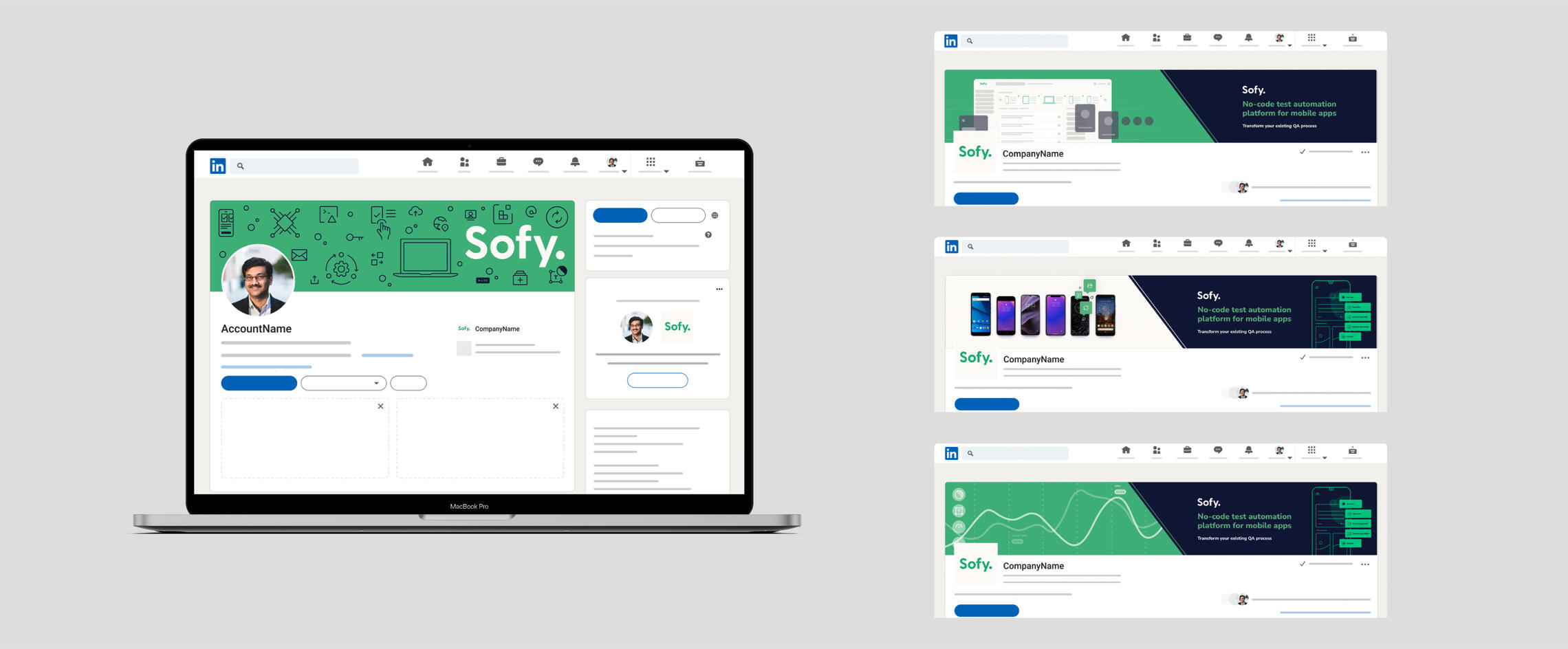 Mock ups of several options for social media graphics, specifically LinkedIn header images for Sofy.