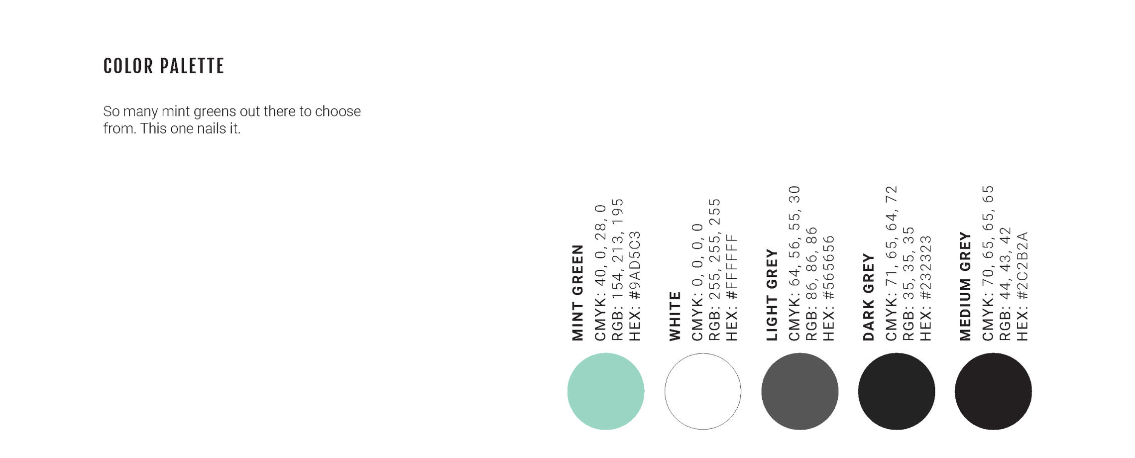 A snapshot from the Honey Lash style guide showing the design color palette. The palette is a mint green, white, and an array of greys.