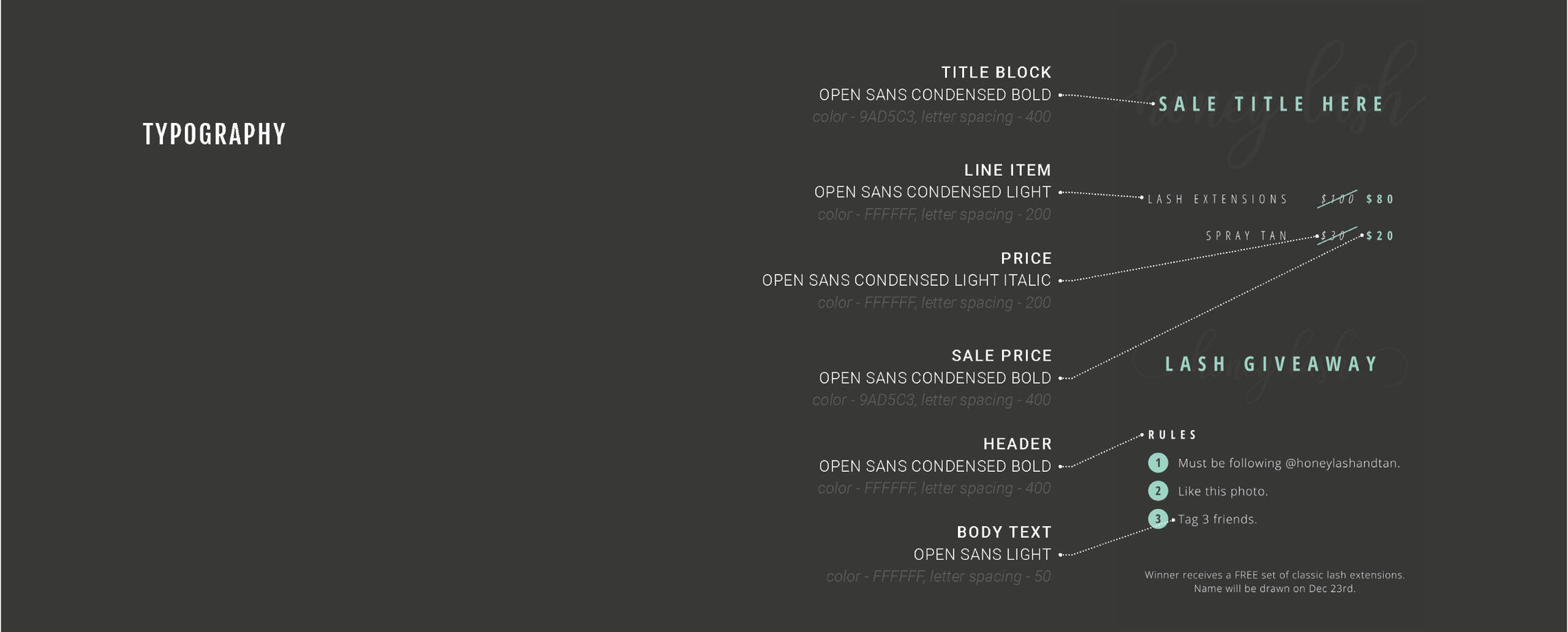 A snapshot from the Honey Lash style guide showing typography choices. The typography combines a script typeface with various sans serif typefaces.