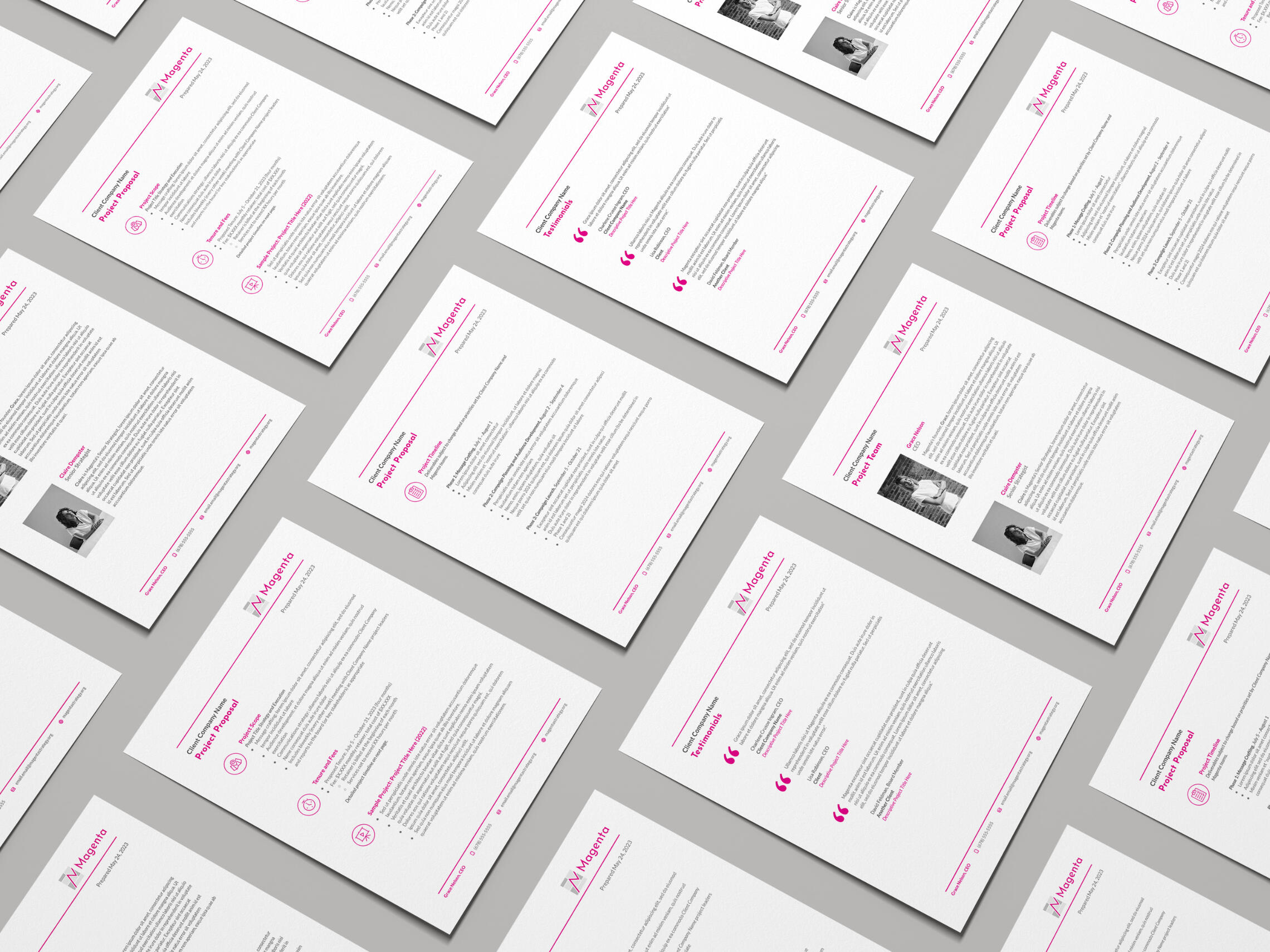 Many copies of a project proposal design laid out against a grey background.
