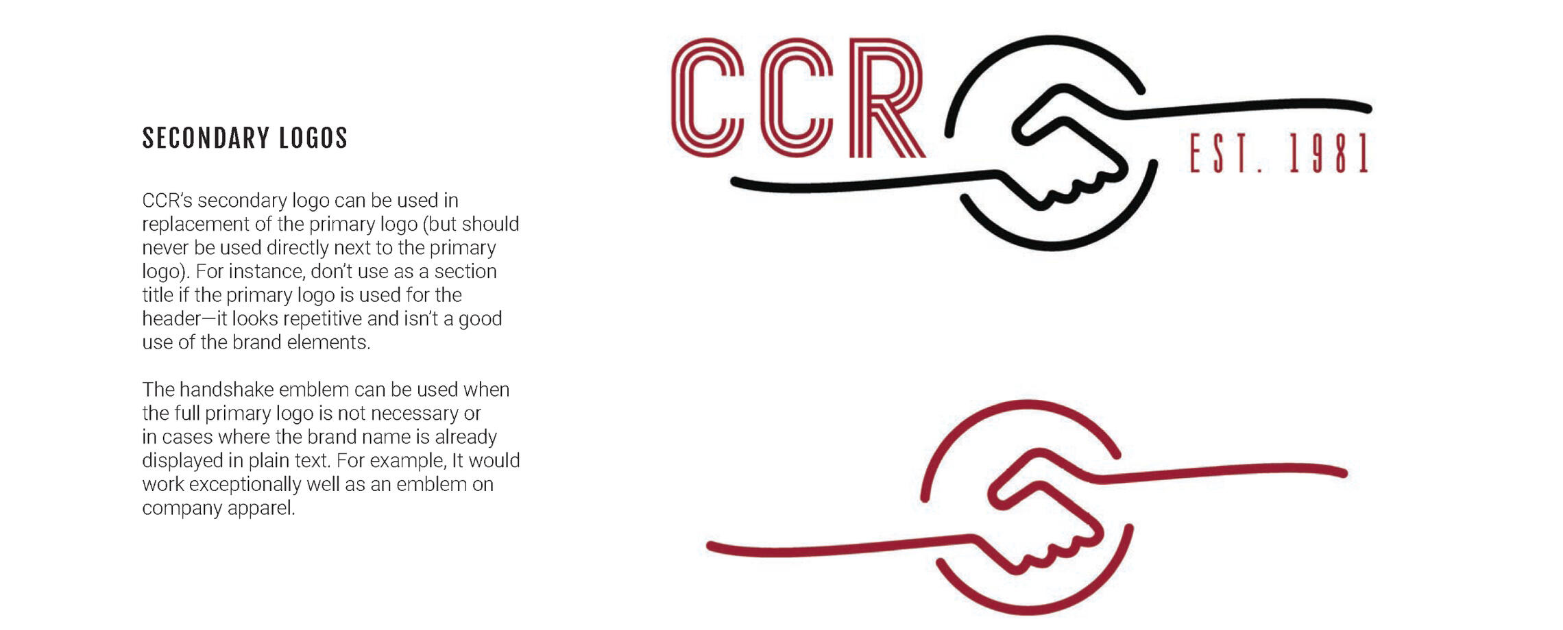 A snapshot from the CCR style guide showing the secondary logo with a reimagining of the original "handshake" logo.