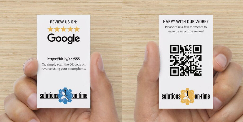 Some mockups of a new client communication card asking for Google reviews.