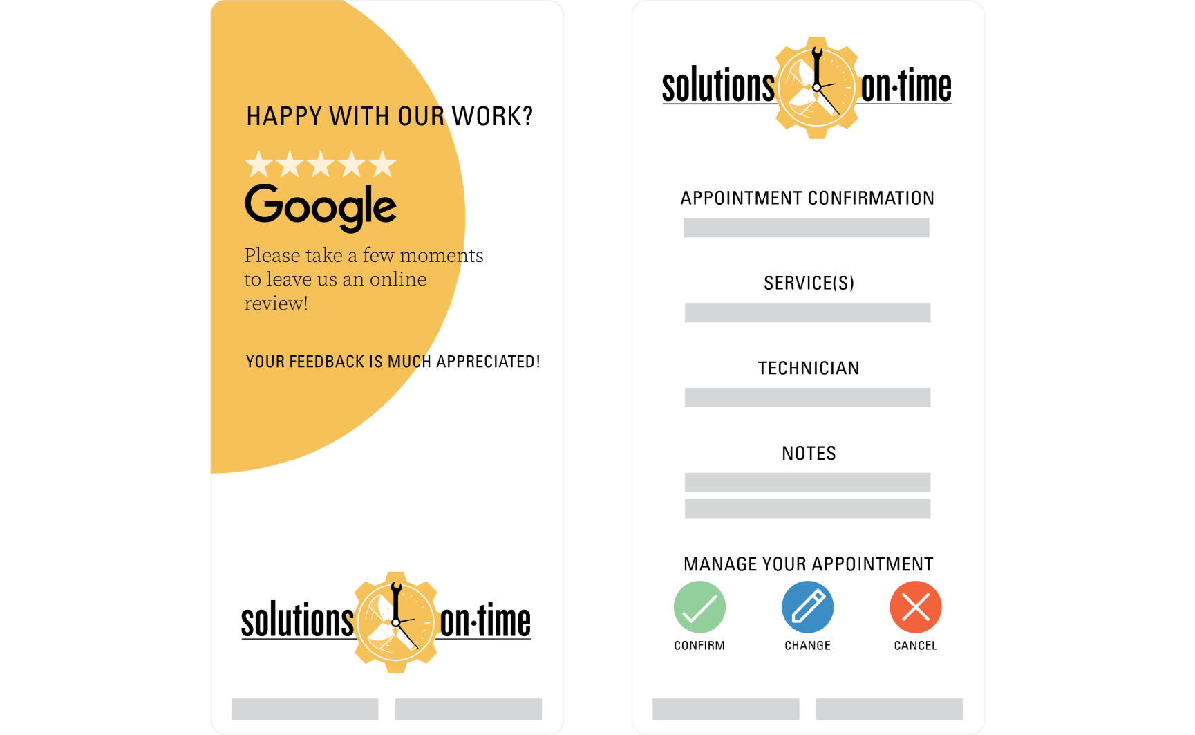 Some mockups of email templates. One asking clients for Google reviews and another for appointment confirmations.