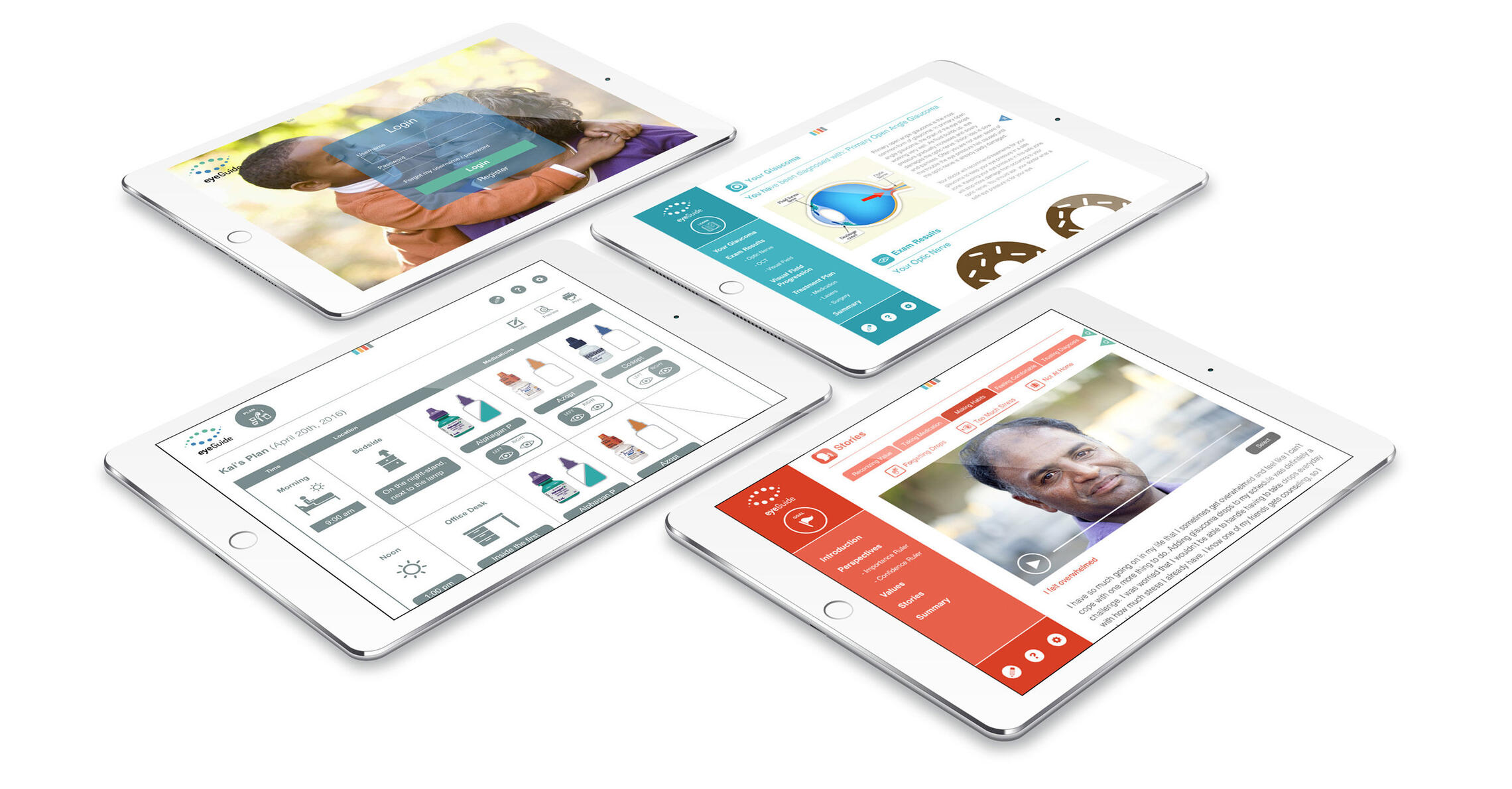 Mockups of several screens within the eyeGuide application.