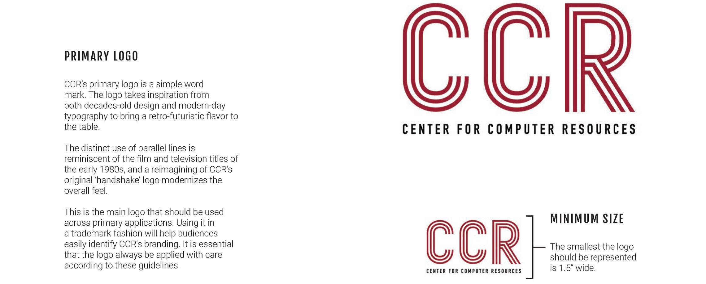 A snapshot from the CCR style guide showing the new primary logo and minimum size requirements.