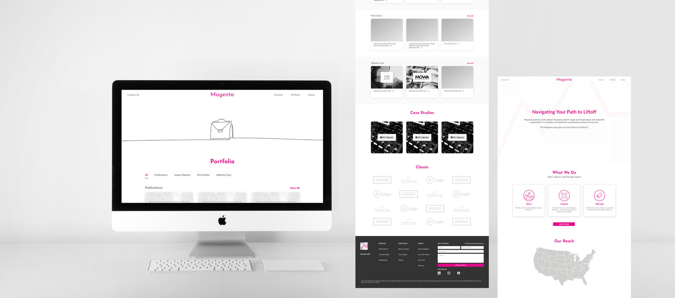 A mock up showing various pages from the new Magenta Strategy website. Specifically the Portfolio and Home pages.