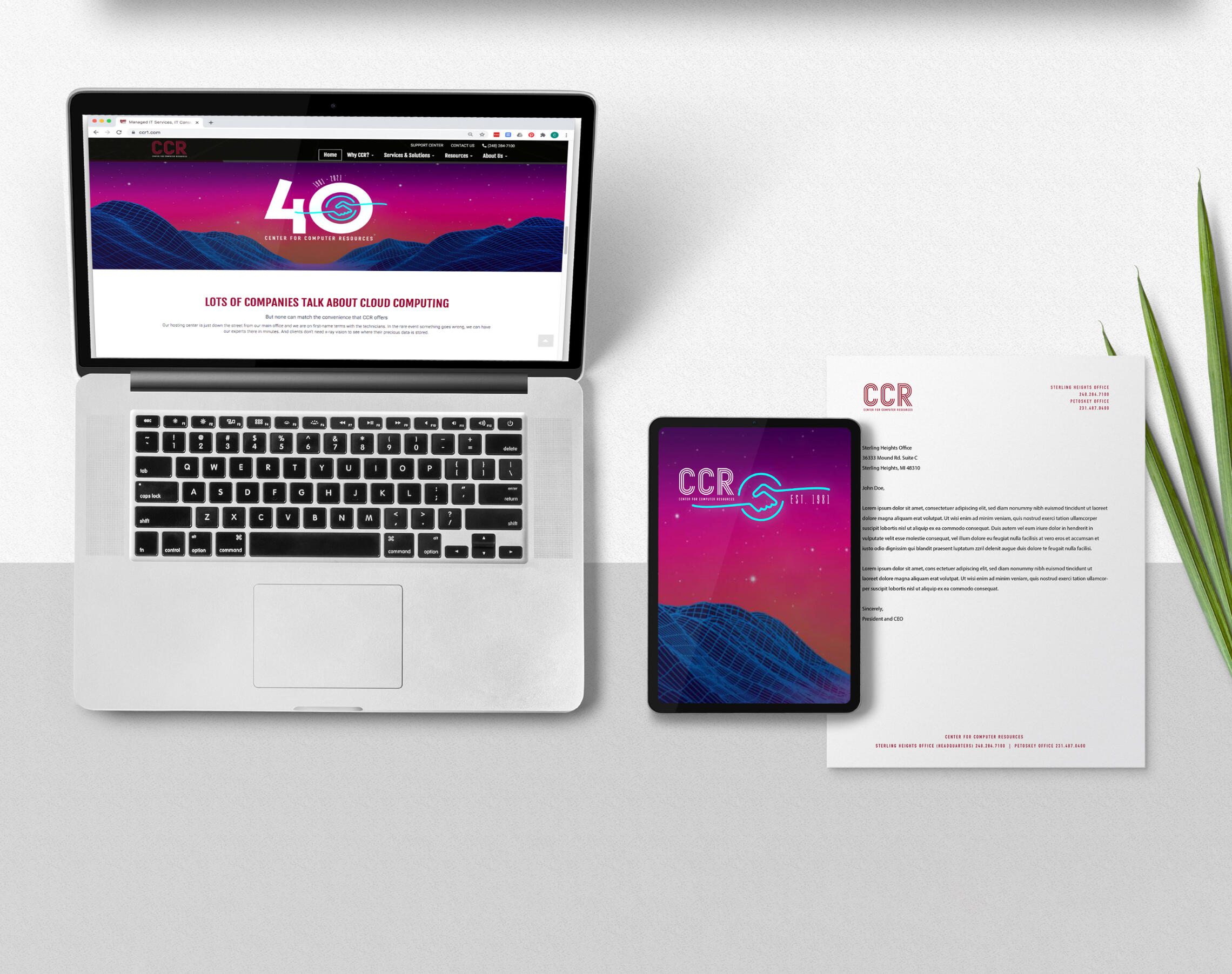 A mockup of the new logo and branding in action across several channels. The mockups include the website on a Macbook, the mobile site on an iPad, and letterhead design.