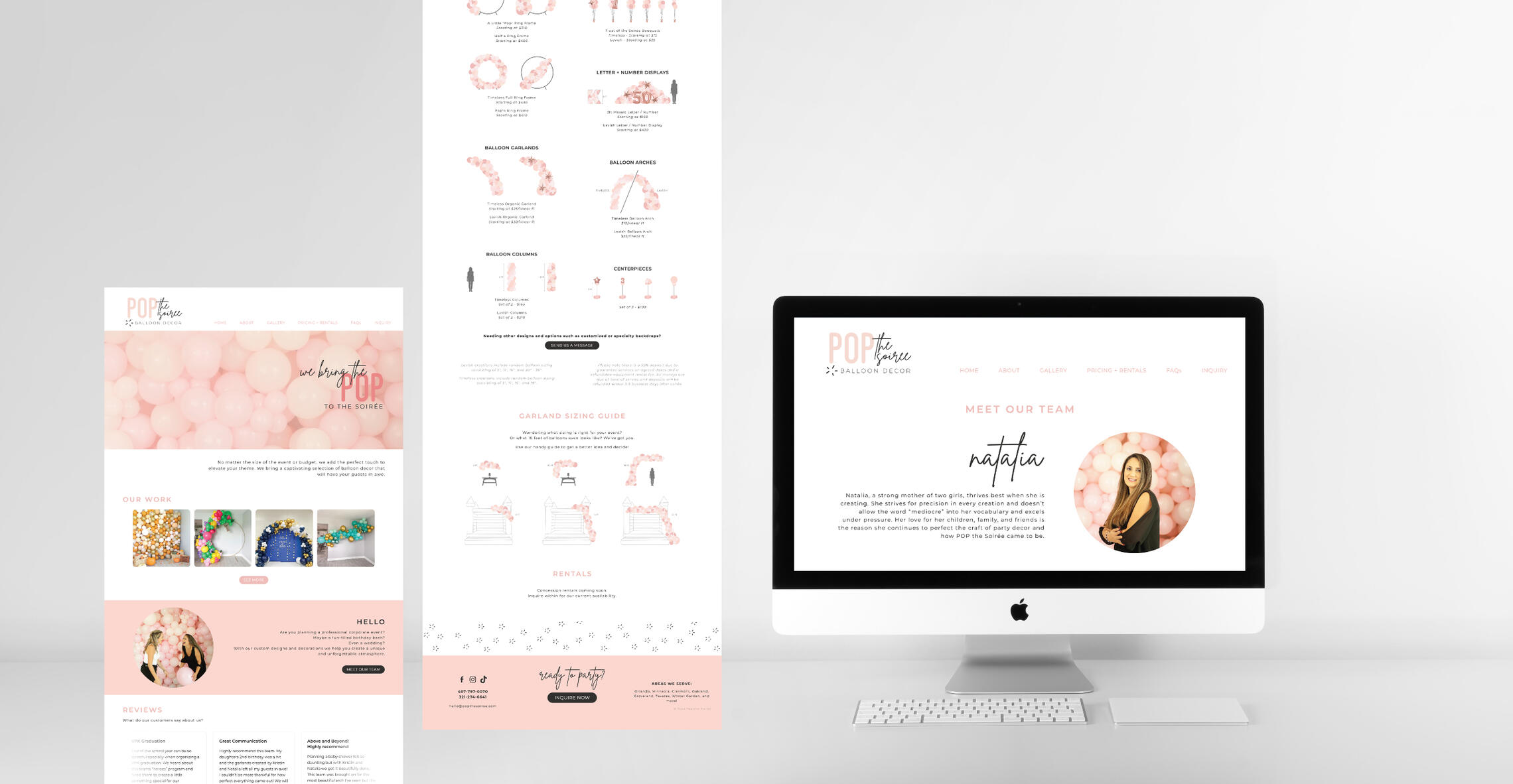 A mock up showing various pages from the new Pop the Soirée website. Specifically the homepage, the pricing menu, and the about pages.